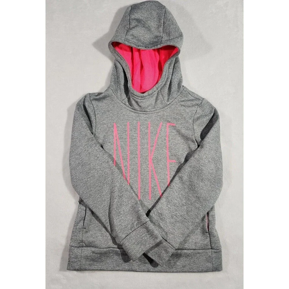 Nike DriFit Girls Small Gray Pink Pullover Hoodie  